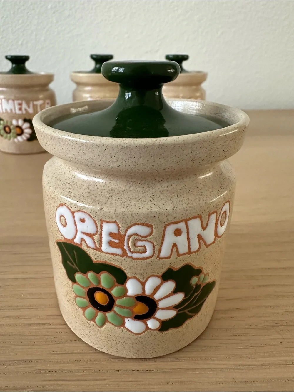 Set of 4 Vintage Ceramic Spice Jars with Green Lids